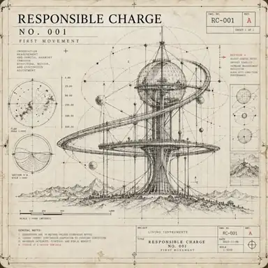 Original Responsible Charge No. 001, First Movement artwork: an archival engineering drawing of an imagined orbital structure, with drafting lines, dimensions and annotations.
